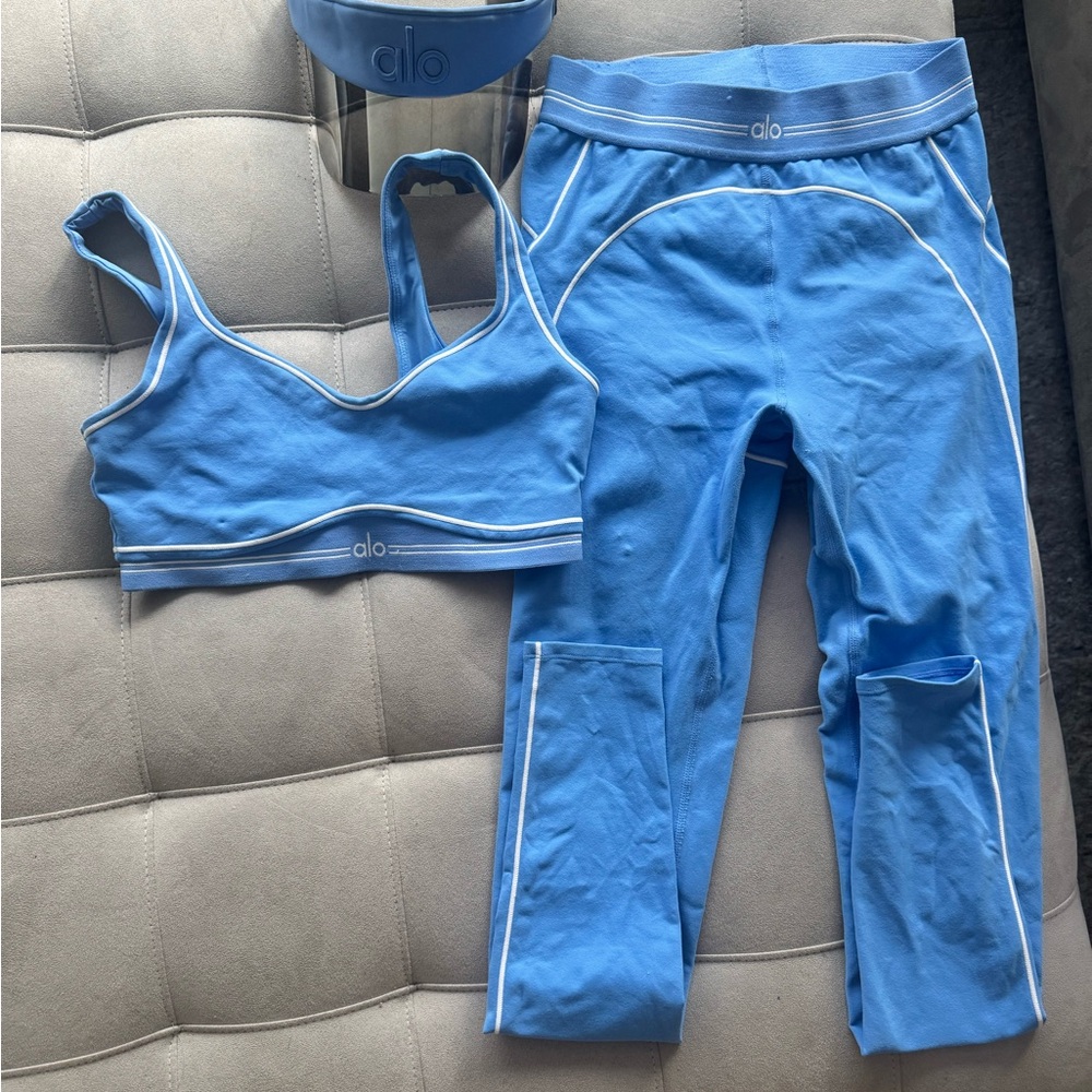 ALO Yoga Sky Blue Sports Bra with White Trim